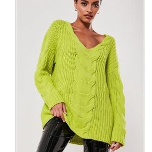 Lime Extreme V Neck Cable Knit Sweater